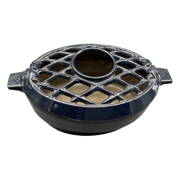 Vintage John Wright Cast Iron 3 Qt Wood Stove Steamer With Lattice Top Dark Blue - Picture 3 of 6